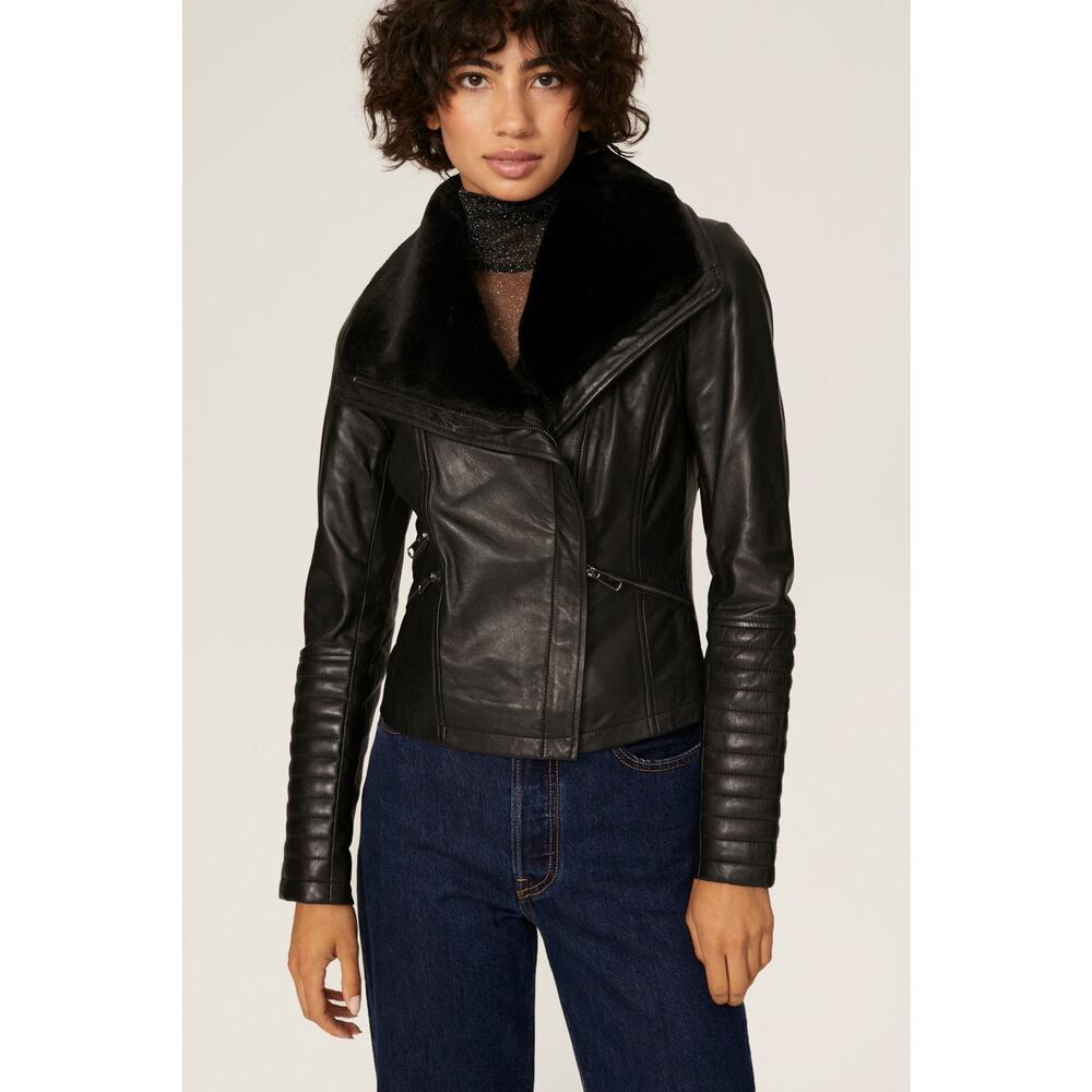 SLATE & WILLOW Black 100% Lambskin Leather Faux Fur Lapel Leather Jacket sz L